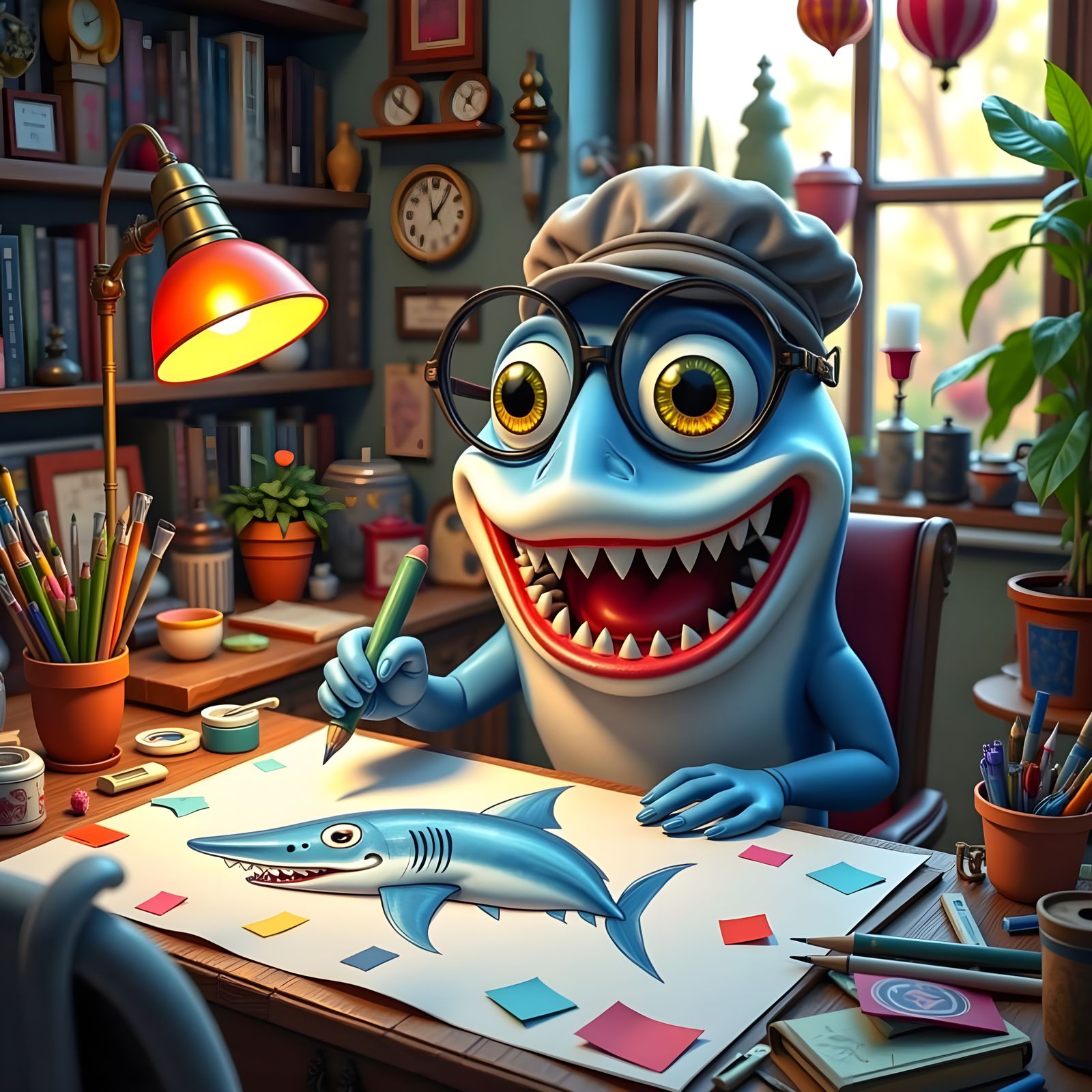 Anthropomorphic Shark Artist in Cozy Studio Apartment