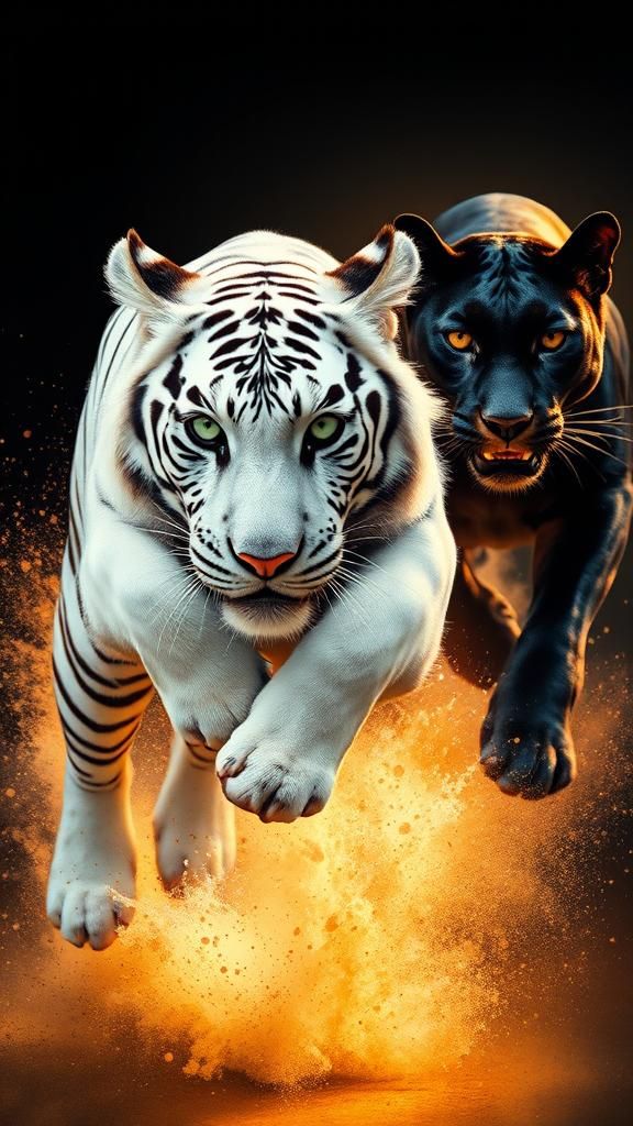 White Tiger and Black Panther in Dramatic Light