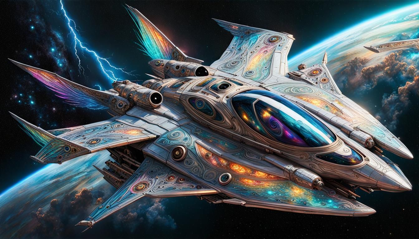 Symmetrical Starship Surfing Lightning Wave in Space