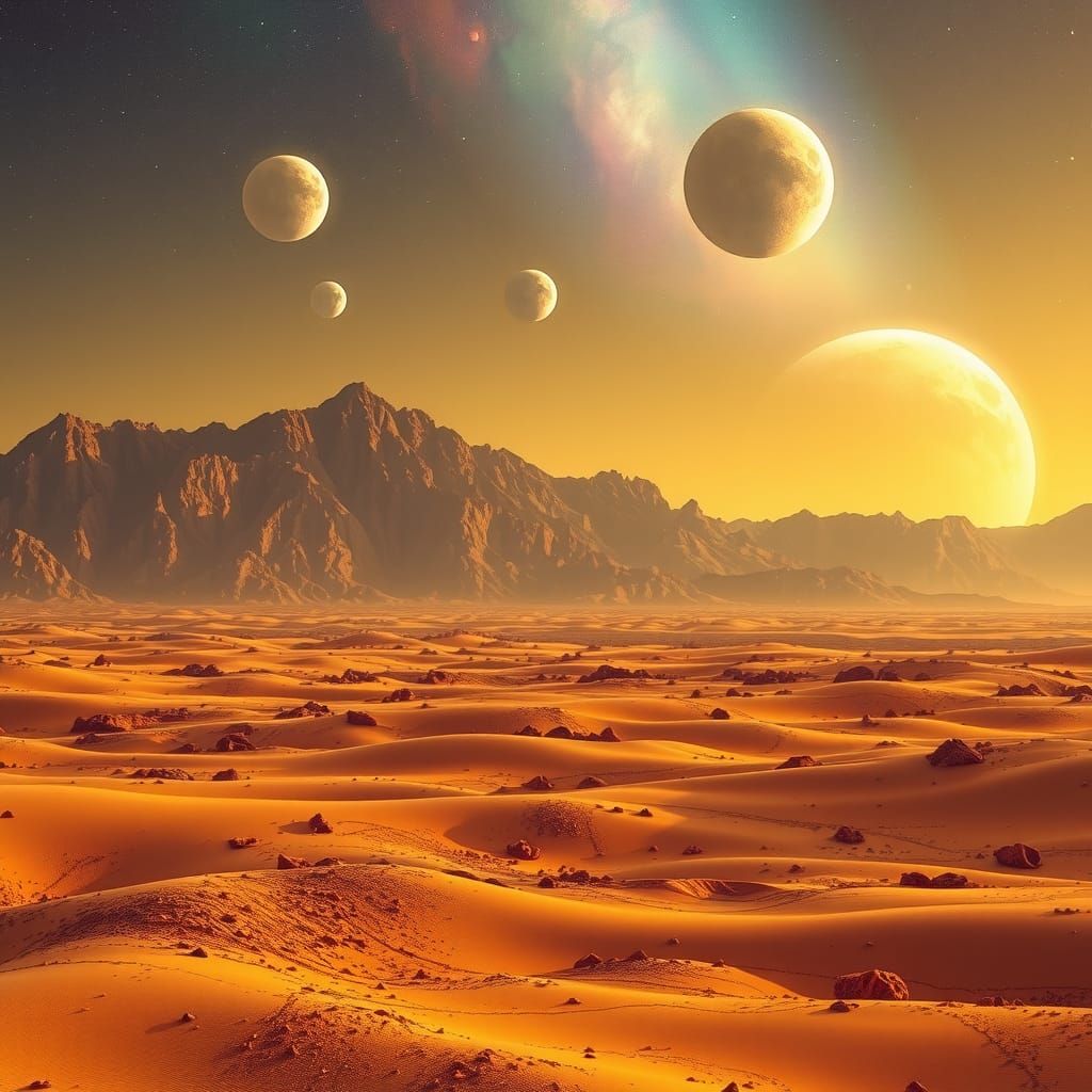 Desert Planet Landscape with Nebula Sky, Stalenhag Style