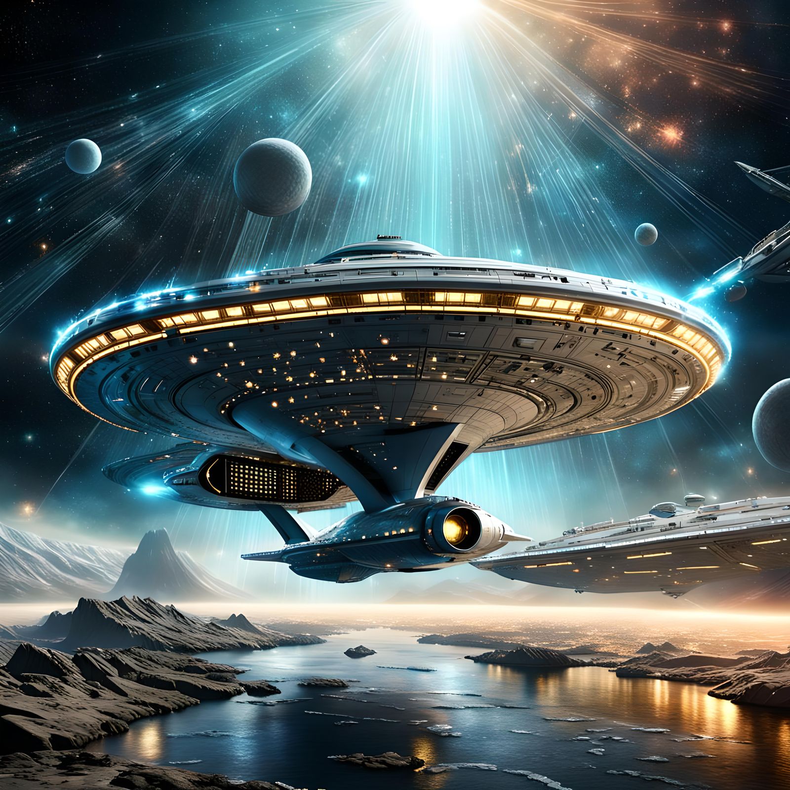 USS Enterprise Among Glittering Stars in Hyperrealistic Styl...