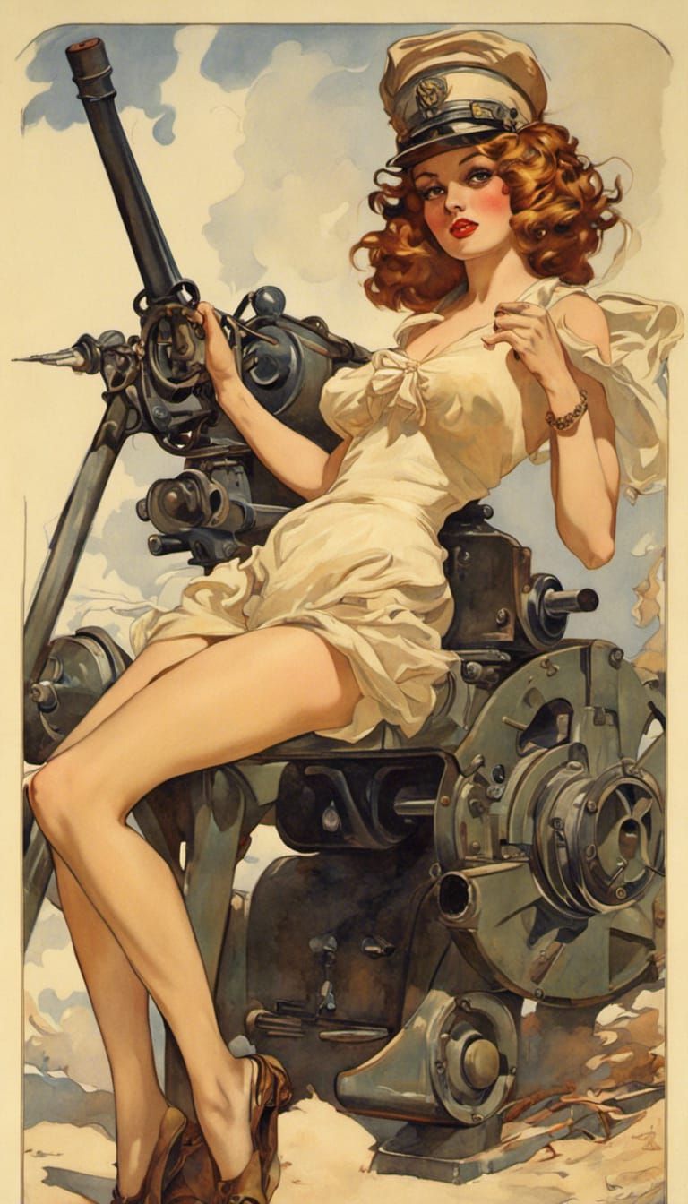 Vintage Pin-Up Girl with Artillery in Art Nouveau Style
