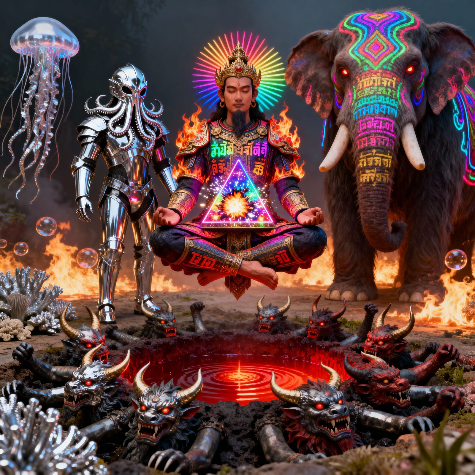 Chrome Warlord God Meditating Over Fiery Pit