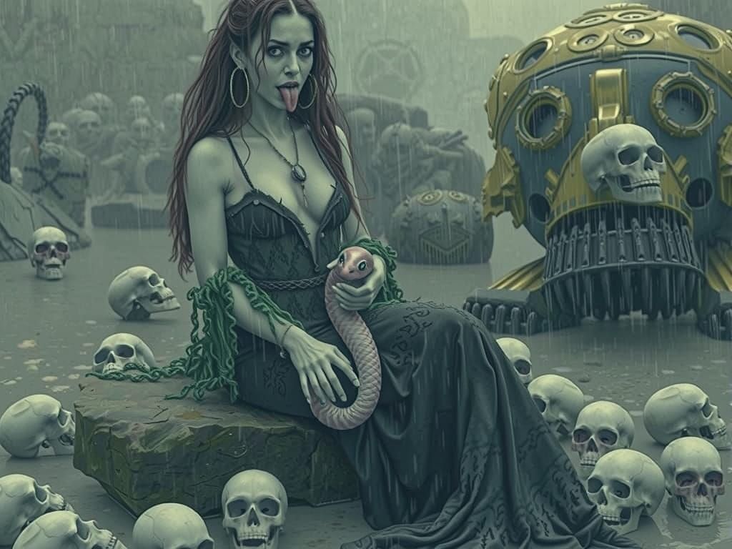 Sinister Mermaid With Pink Eel on Jagged Rocks