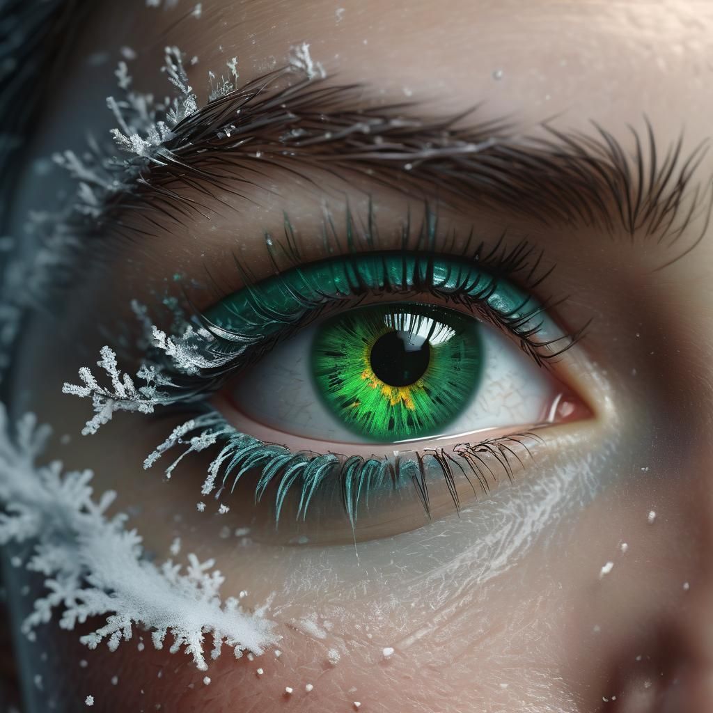 Macro Photo: Snow Dust on Eyelashes, Green Eyes