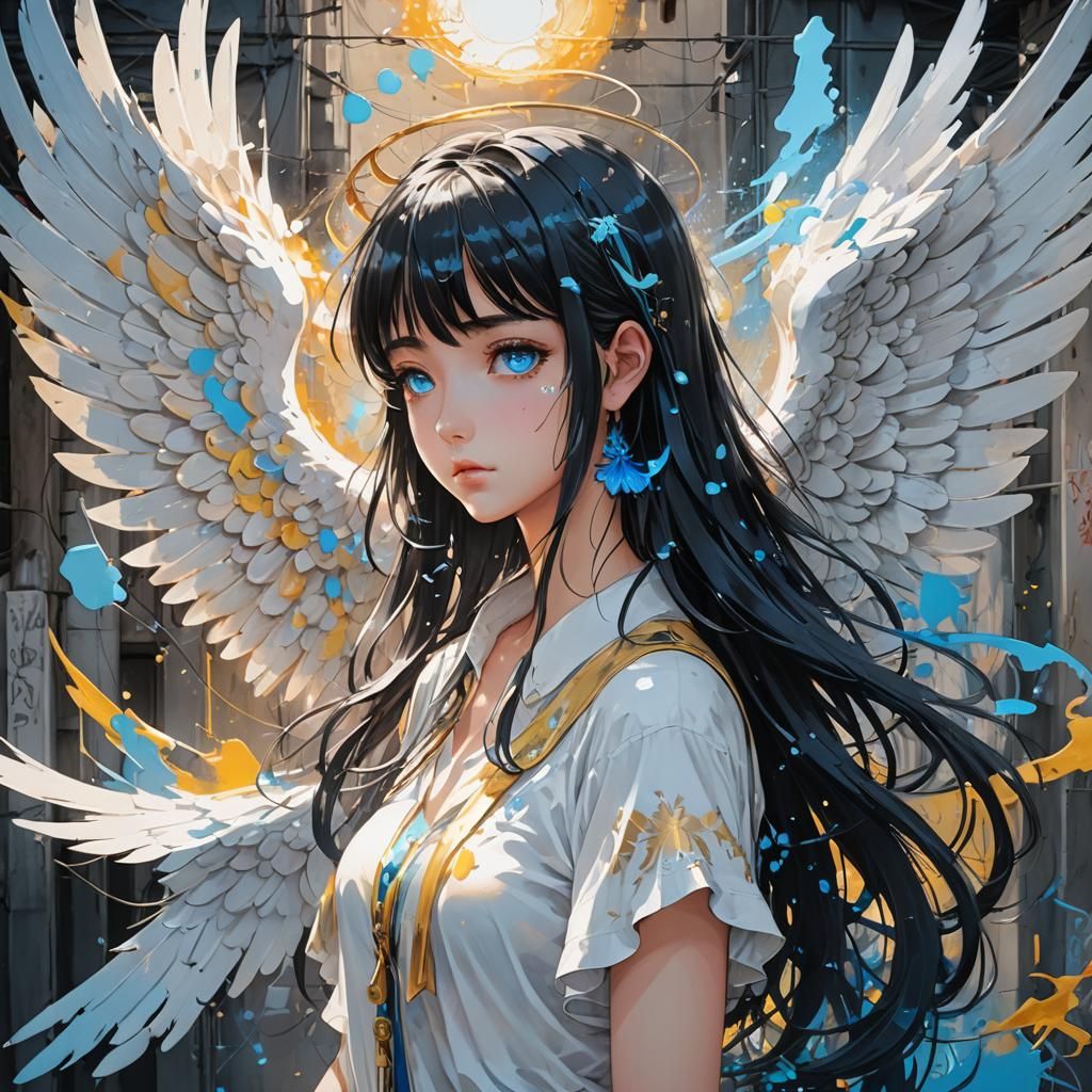 Sad Angel Girl in Anime Key Visual Style
