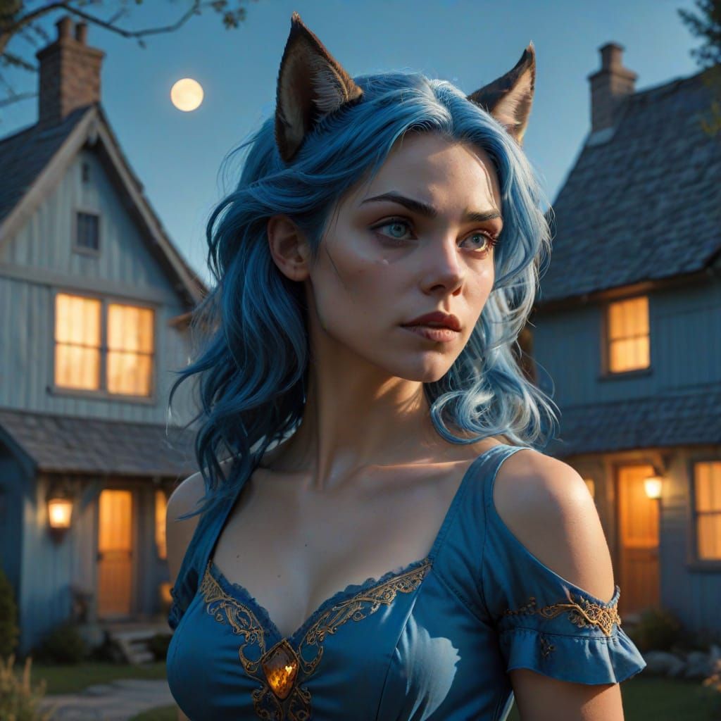 Blue-Haired Lycan Near Cottage in Comic Book Style