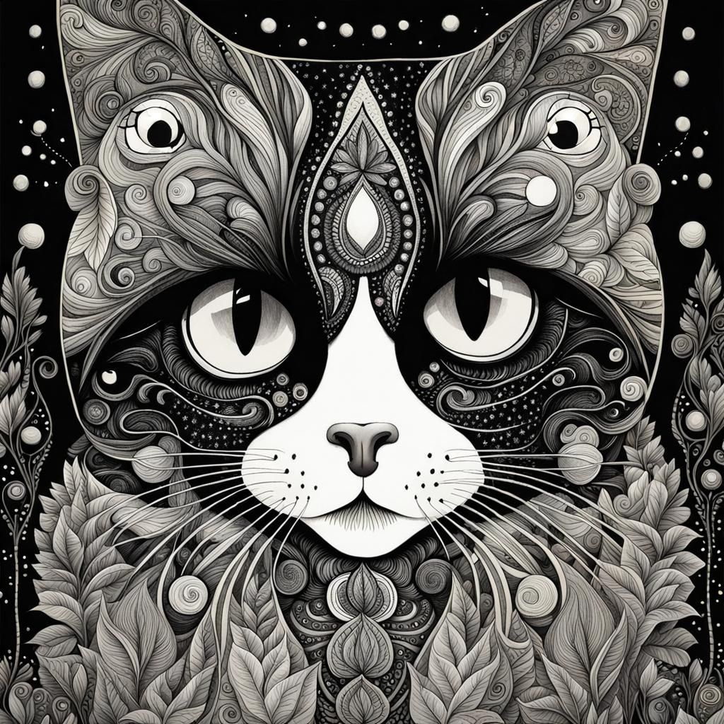 Adorable Black and White Cat Portrait in Ink Style