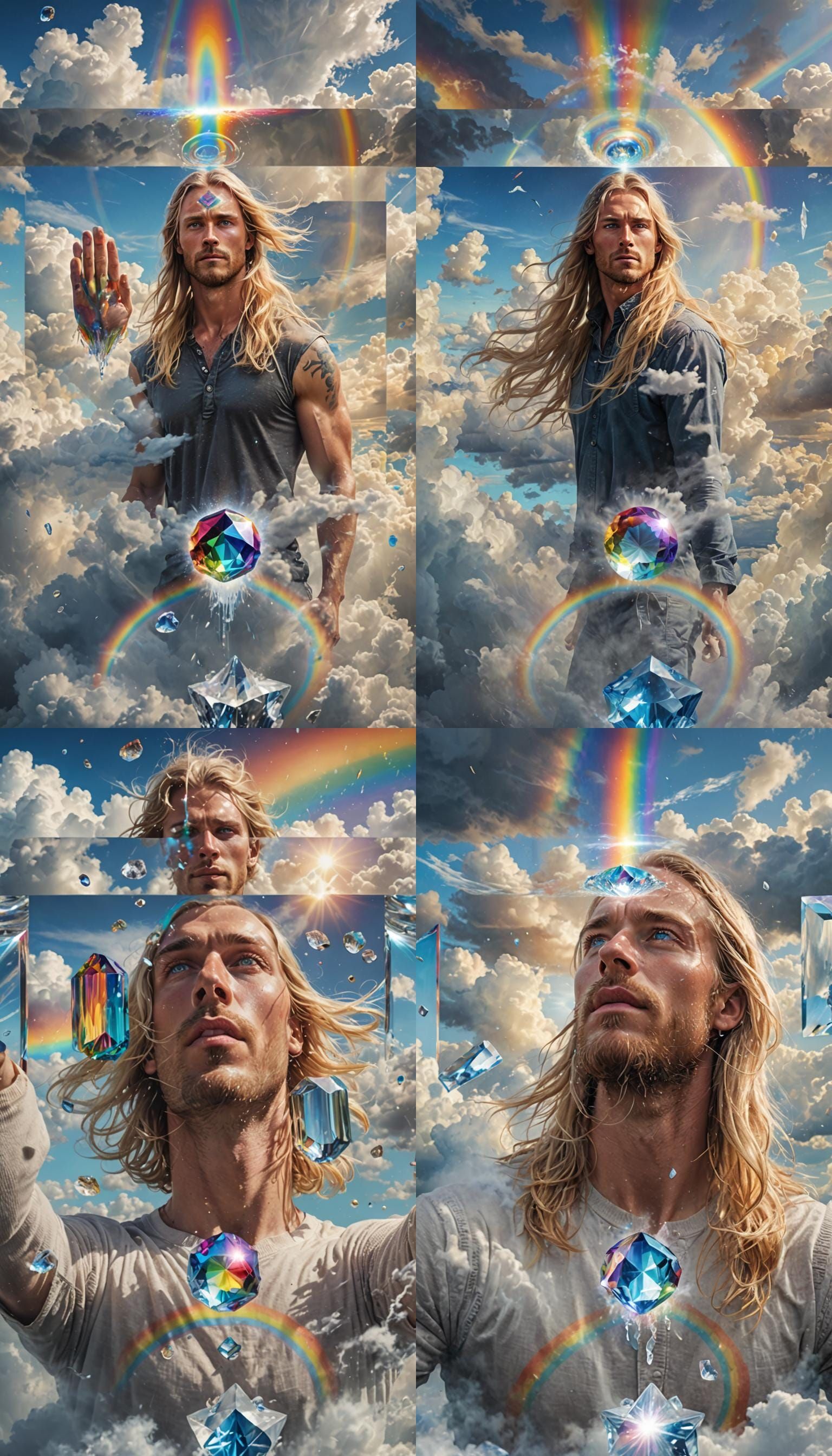 Levitating Man with Rainbow Crystal, Hyperrealistic Portrait