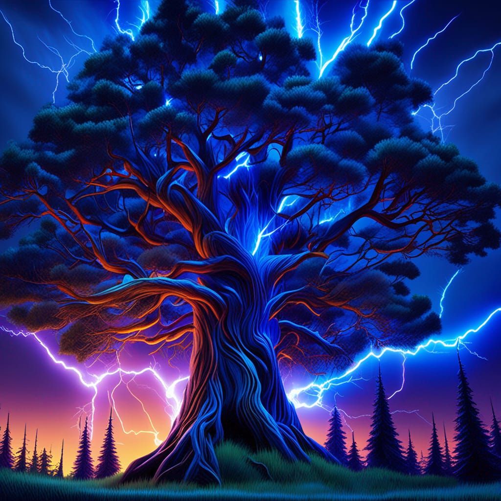 Electric Forest: Lightning Trees in Fantasy Landscape