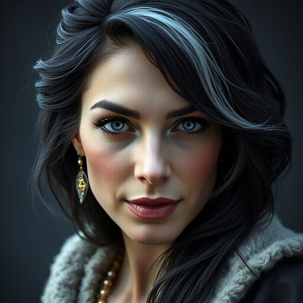 Elizabeth Taylor-esque Sorceress with White Streak Hair