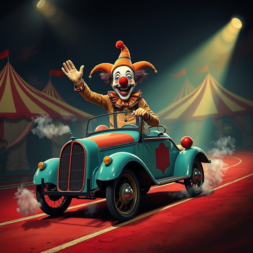 Vintage Clown Drives Tiny Car Through Surreal Circus