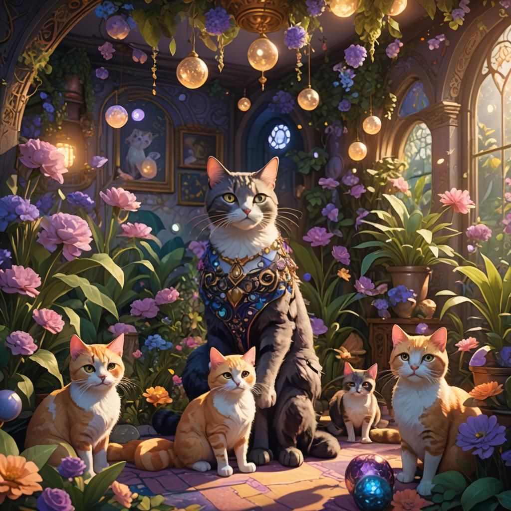 Cartoon Cat Lady in Mystical Floral Room