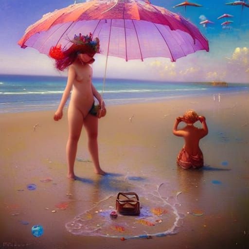 Beach Party in Maine: Pop Surrealism Painting