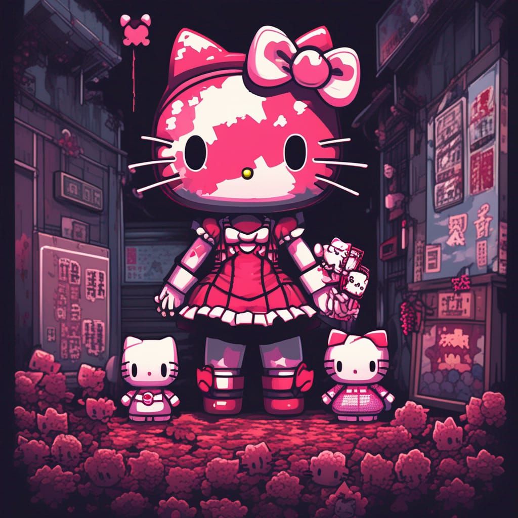 Pixelated Hello Kitty Horror Game in Anime Style