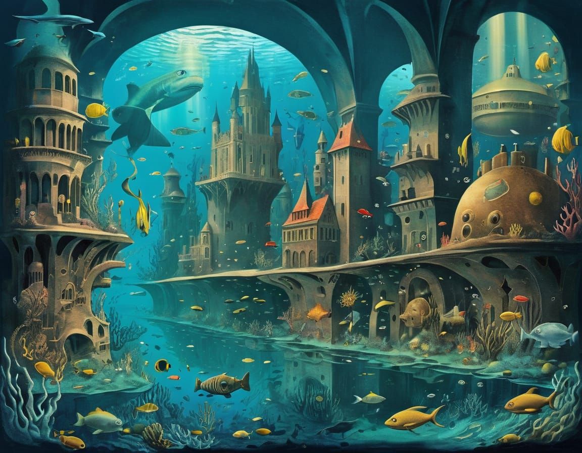 Surreal Underwater City with Paper Art Creatures