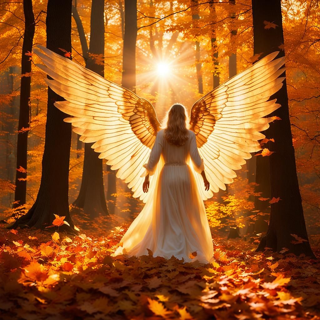 Ethereal Angel in Autumn Forest at Dawn