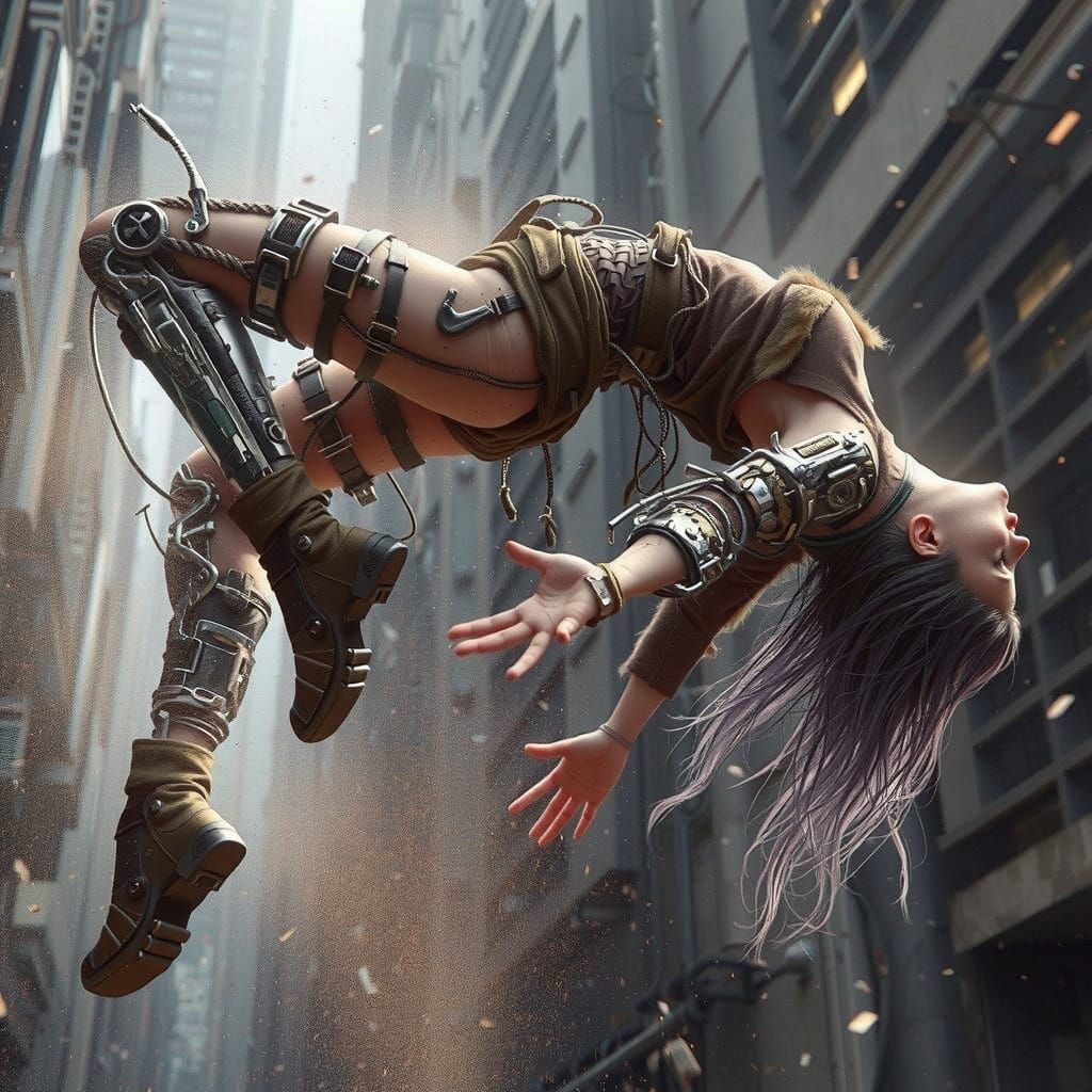 Hyperrealistic Female Cyborg in Midair