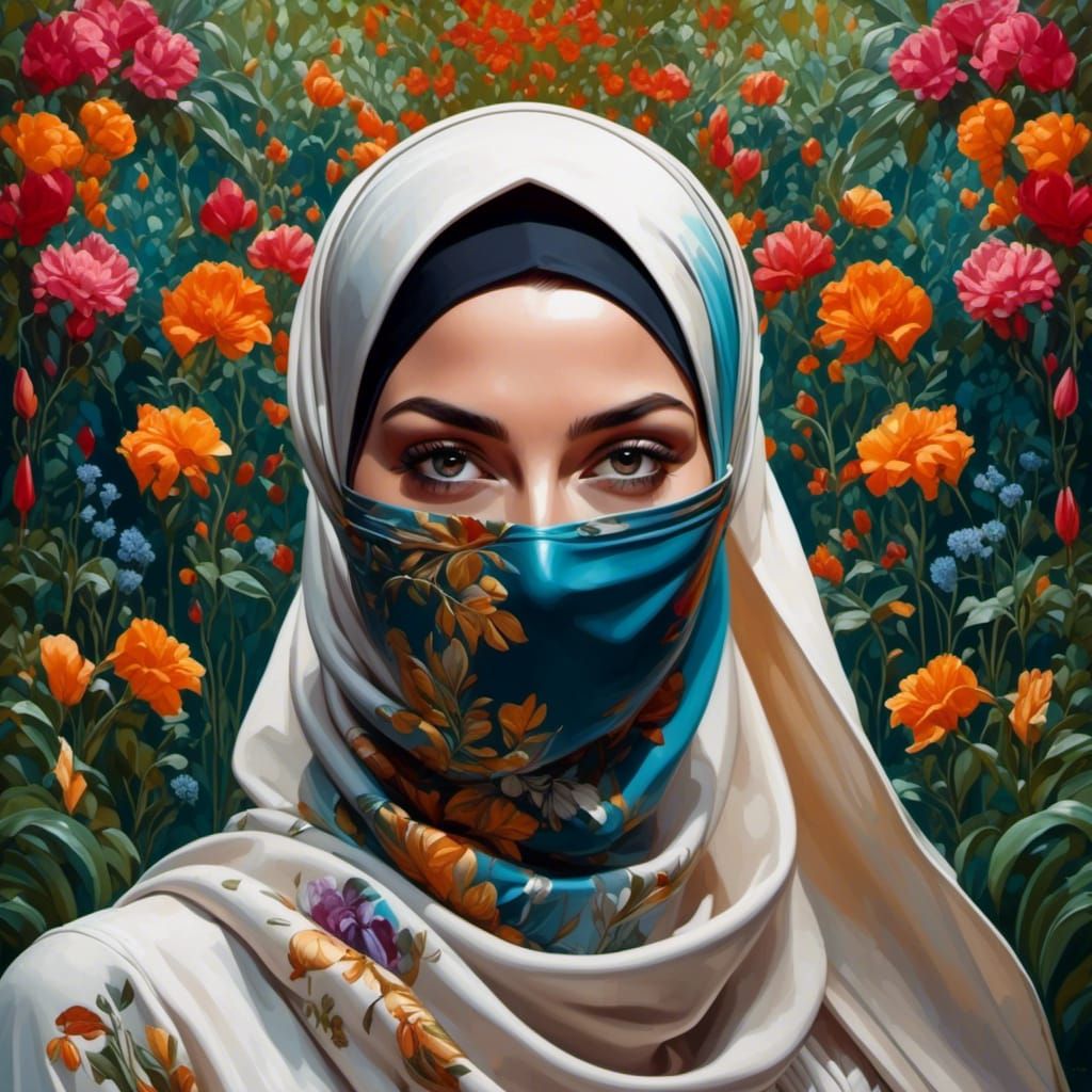 Masked Woman in Hijab in Botanic Garden, Oil Painting