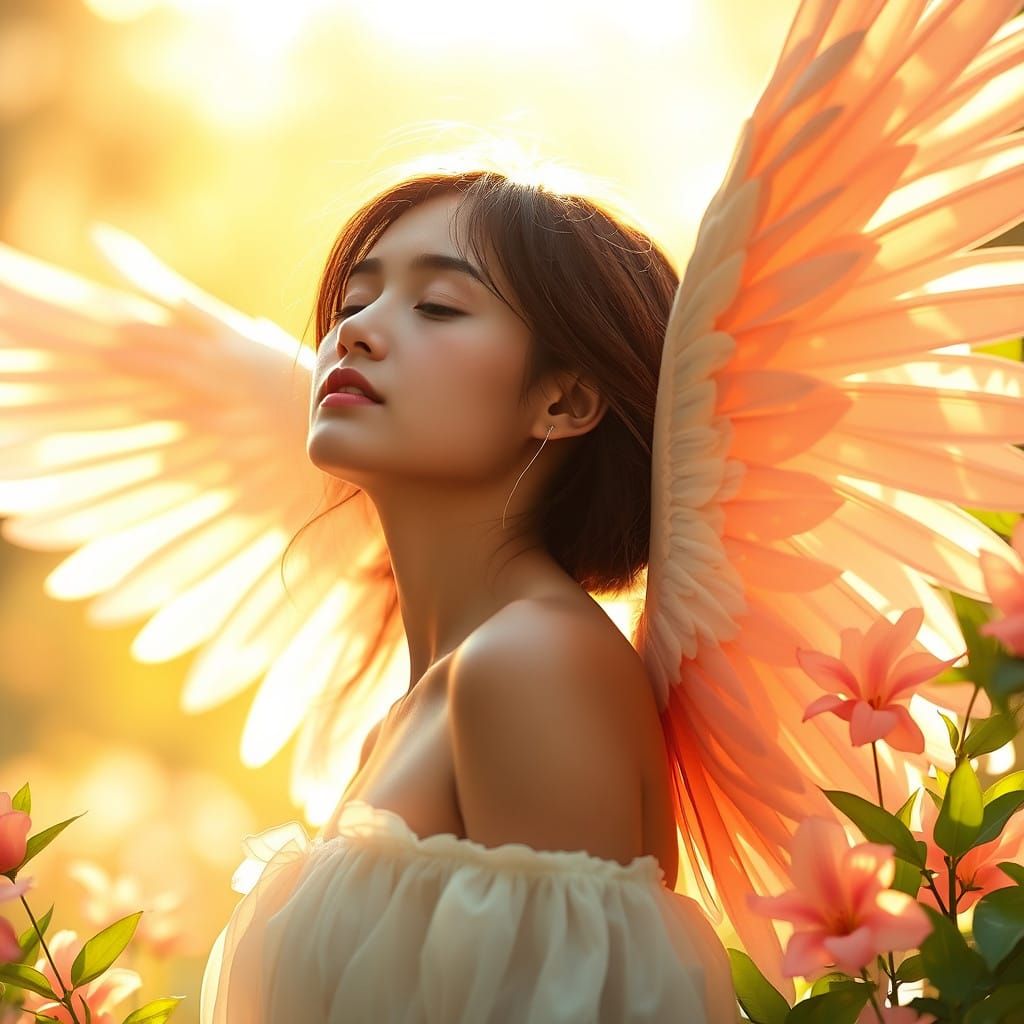 Surreal Woman Embracing Radiant Light with Delicate Wings