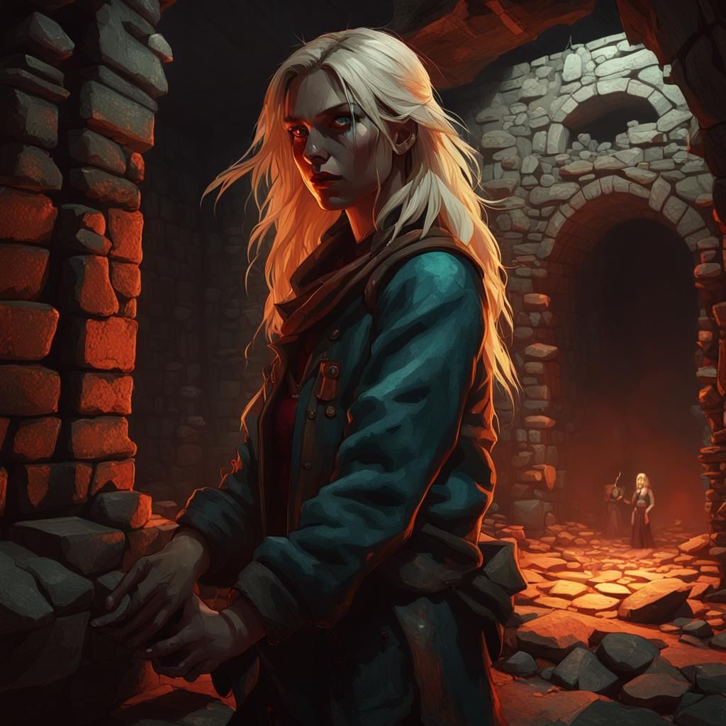 Blonde Woman in Dungeon, Dynamic Lighting, Hyperdetailed