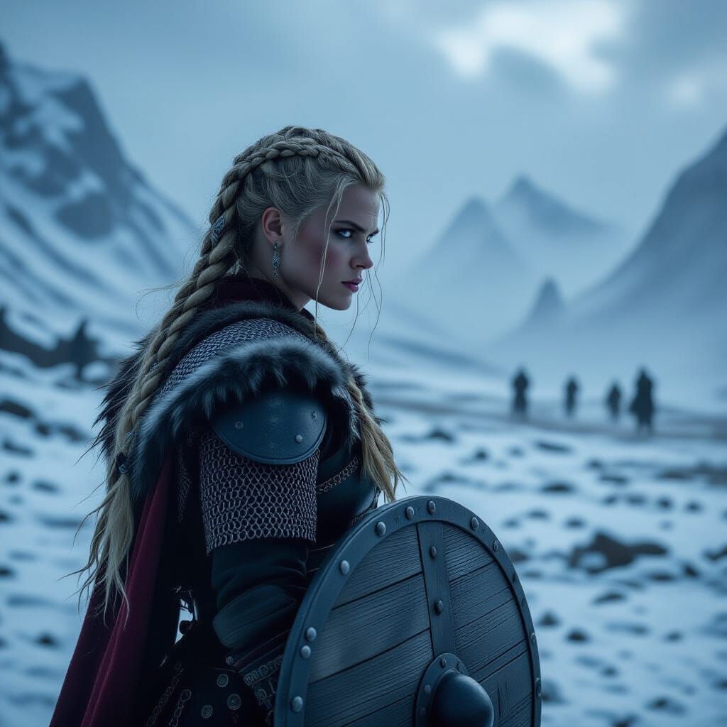 Viking Shieldmaiden on Desolate Battlefield