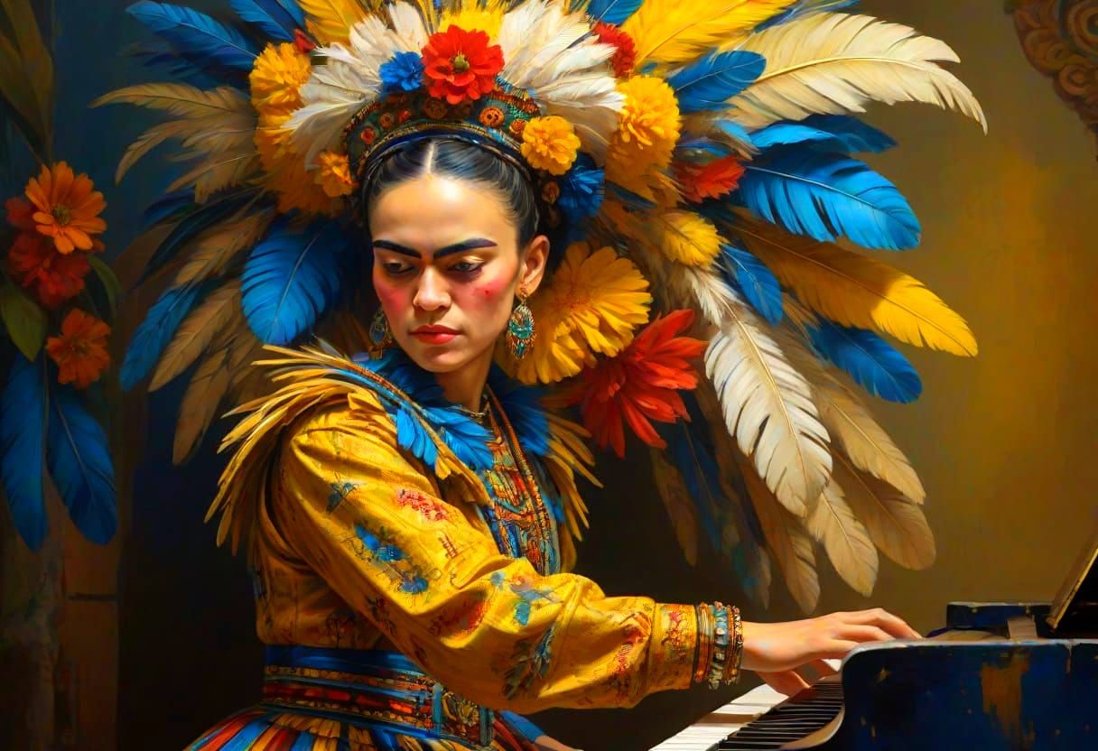 Colorful Aztec Warrior Plays Piano