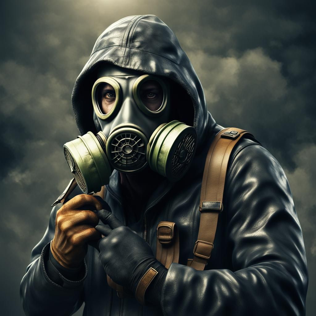 Scary Criminal in Gas Mask: Hyperrealistic 8k Render