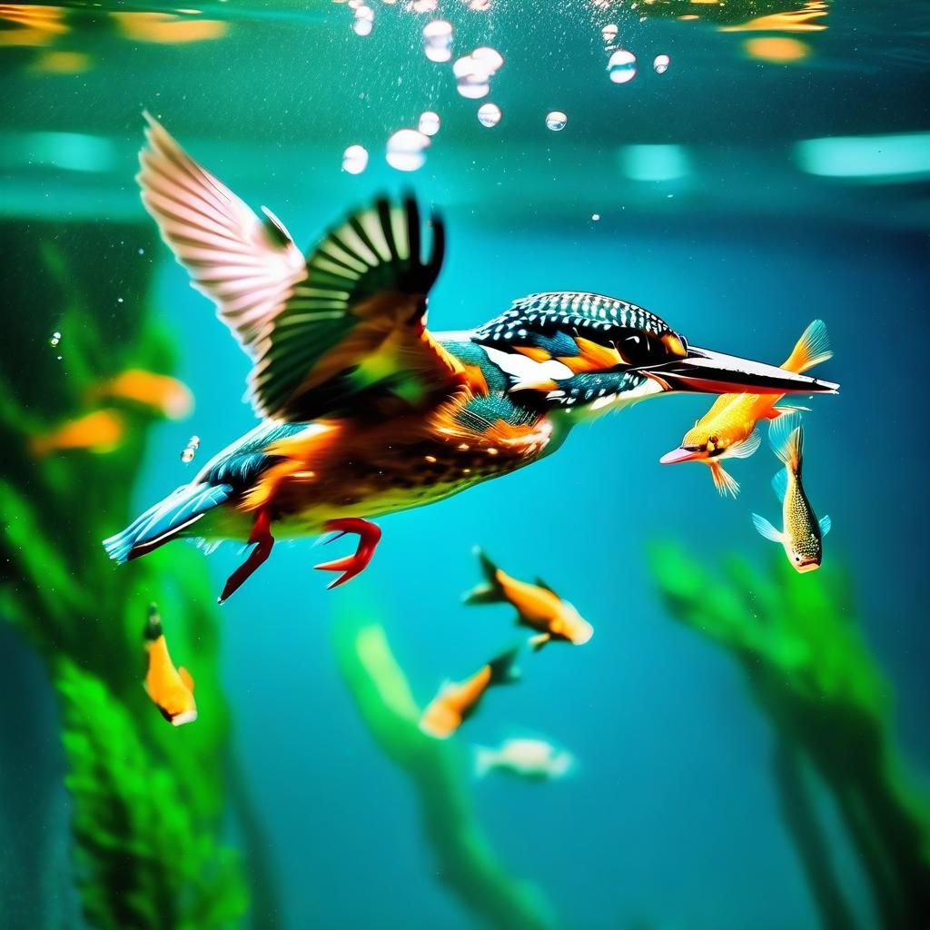 Vibrant Underwater Kingfisher in Action
