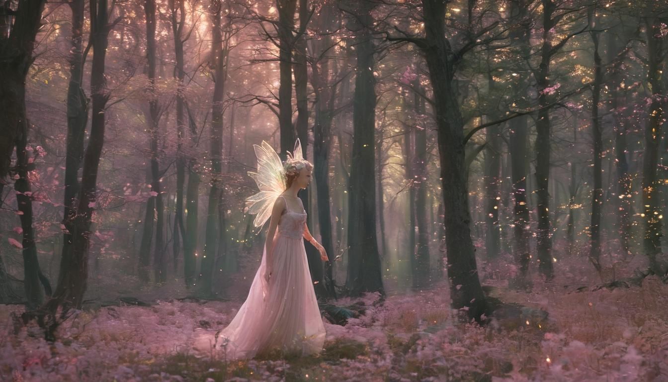 Faerie in Ancient Forest Under Aurora Borealis