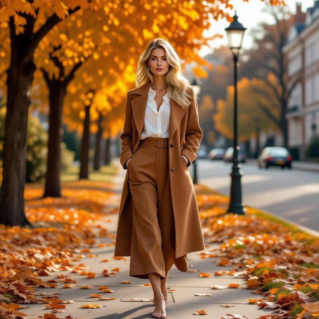 Elegant Autumn Woman Barefoot on Leafy Sidewalk
