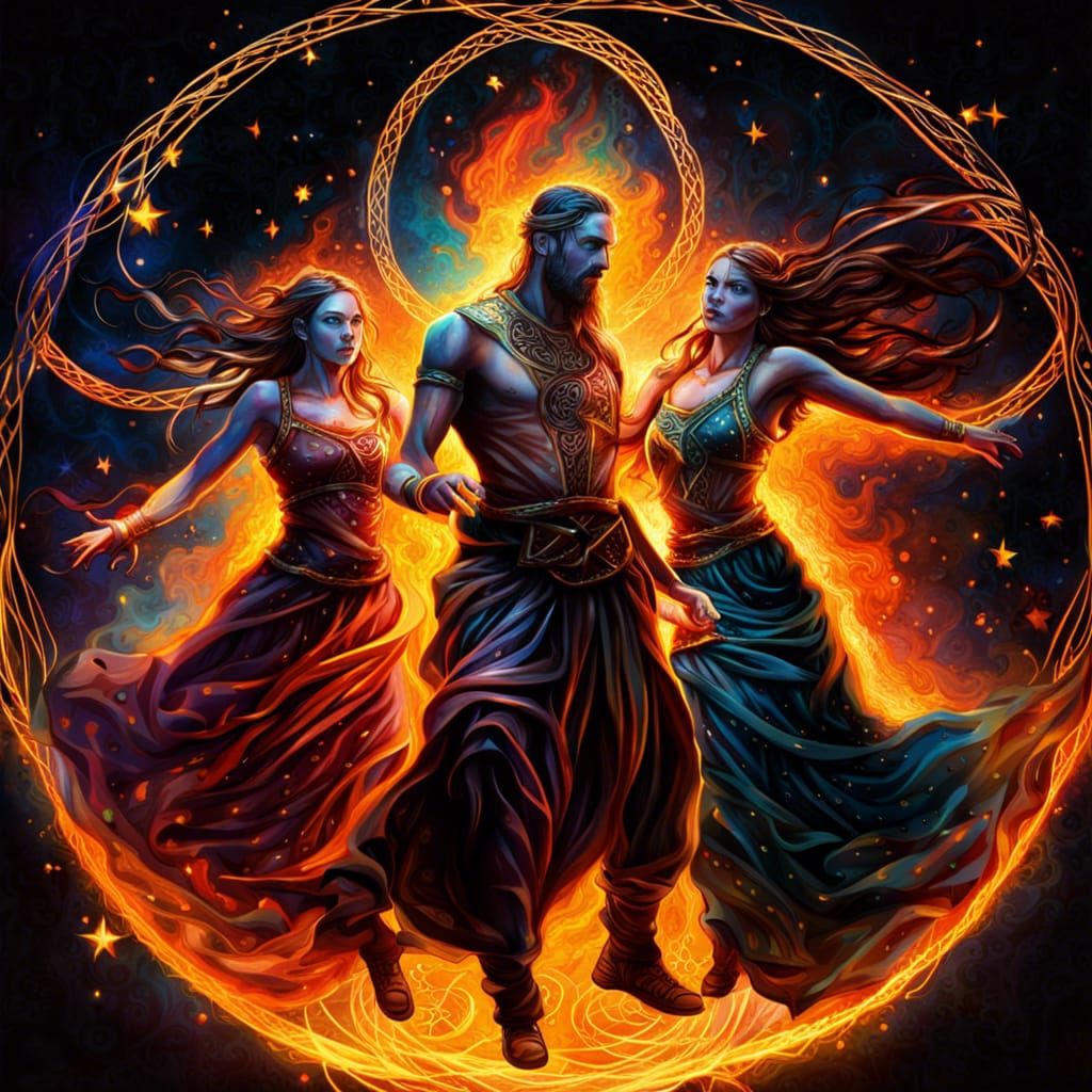 mystic Celtic tall men and women dancers enchanted circle fire at center bright stars dark detailed lines good compositi...