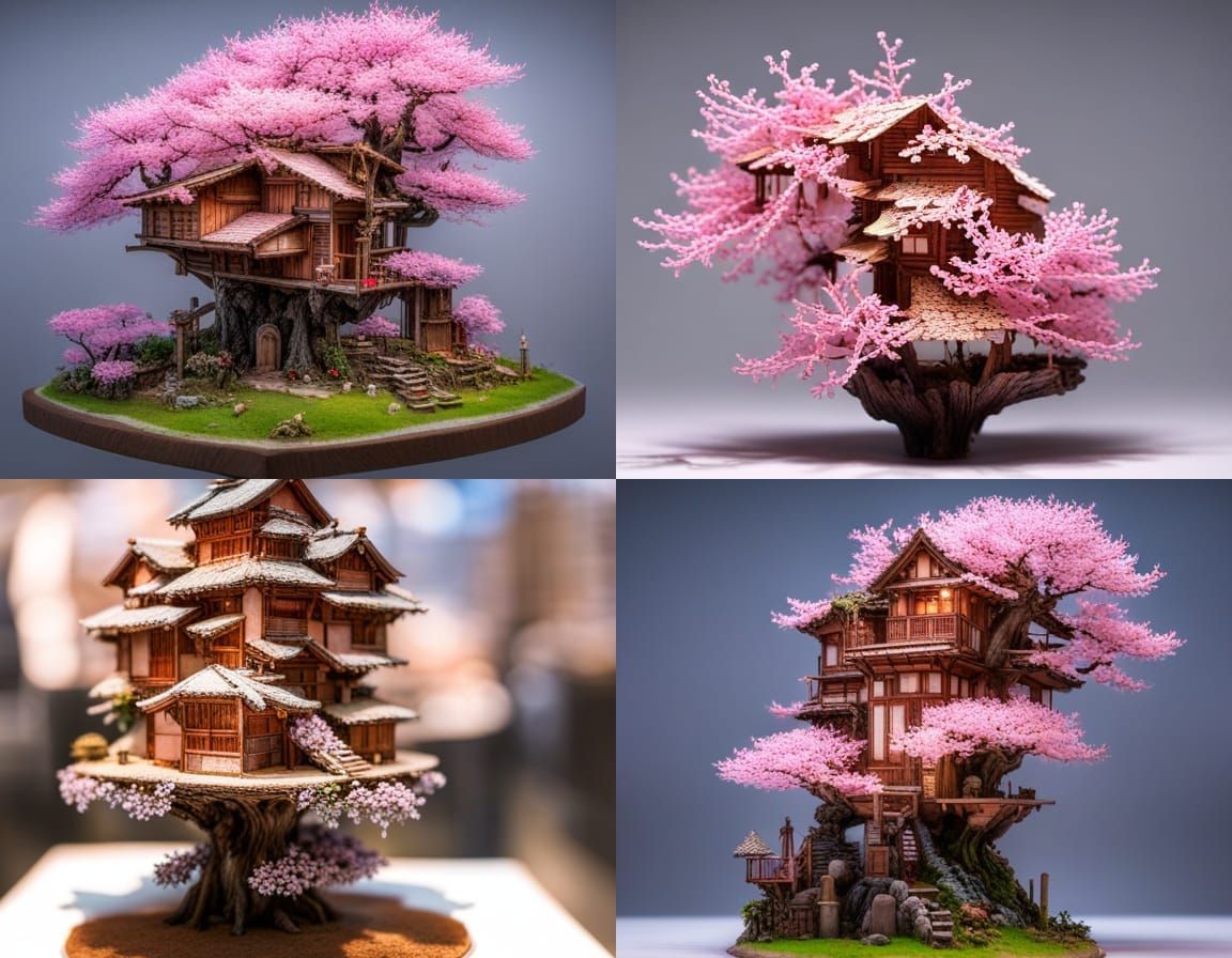 Surreal Cherry Blossom Treehouse Miniature Sculpture