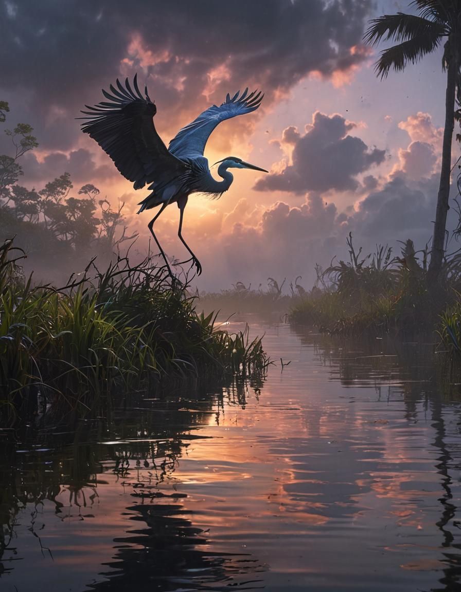 Ethereal Wetlands: Heron in Storm, Hyperdetailed Fantasy Art