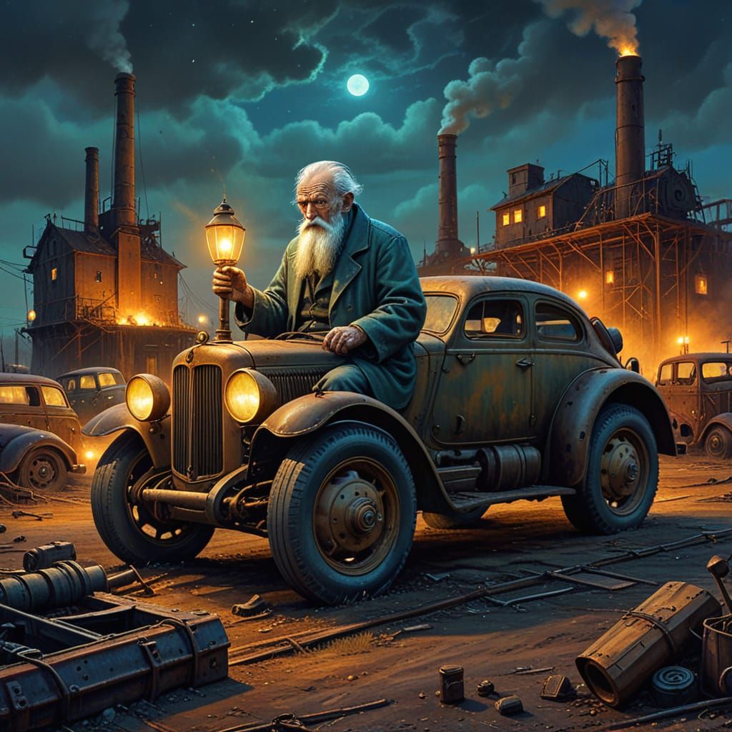 Dieselpunk Mystic Guards Junkyard in Oil Painting