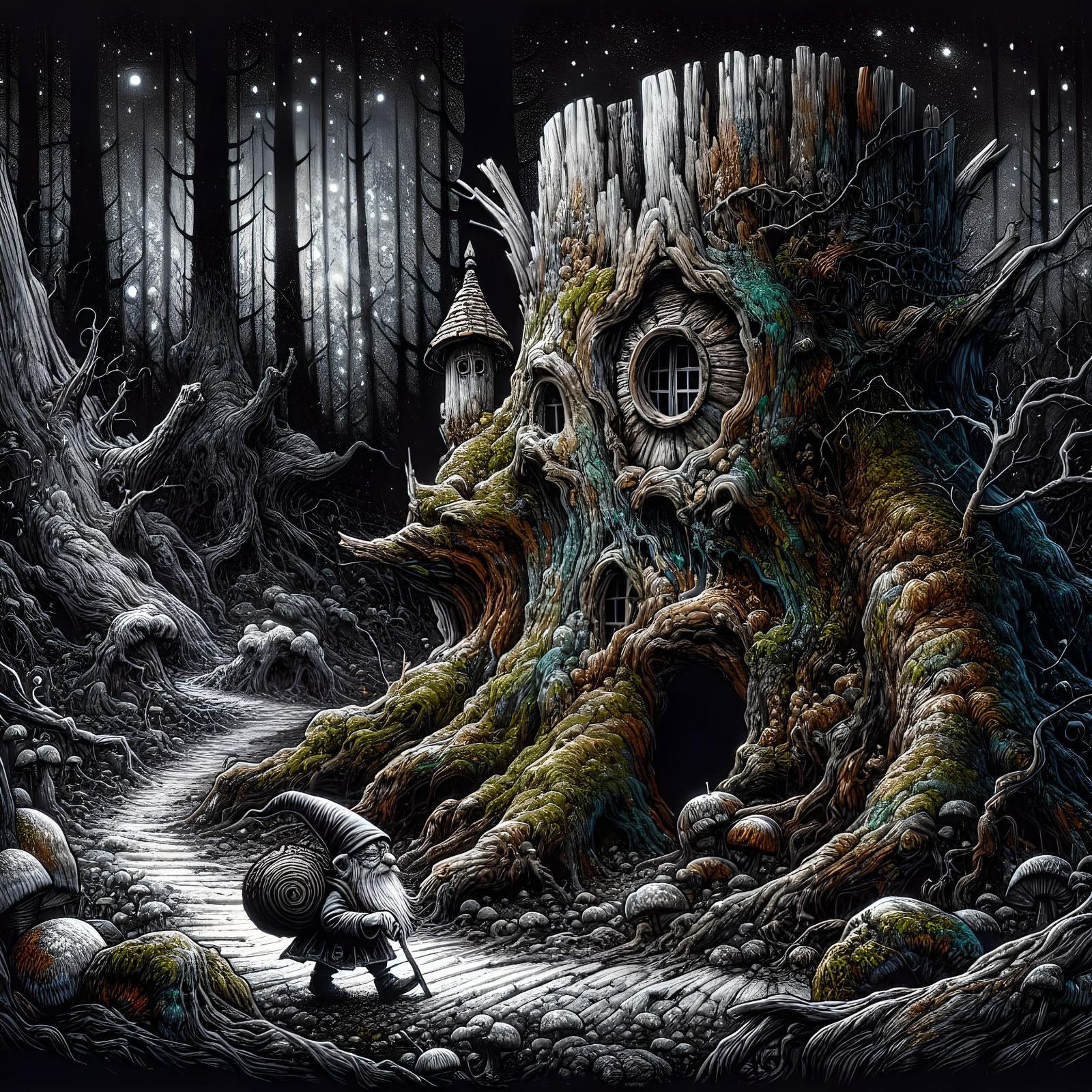 Mossy Stump Home to Gnome in Polychromatic Forest