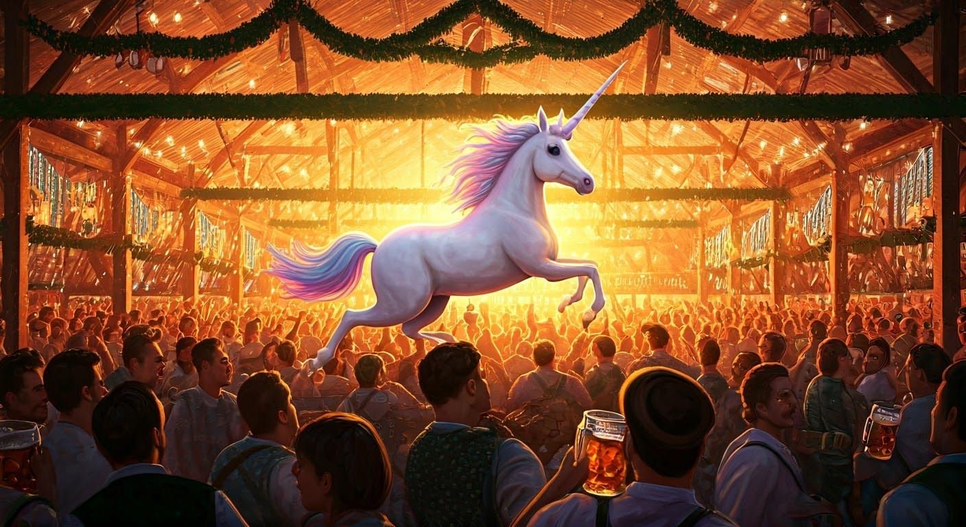 Unicorn Disrupts Oktoberfest: A Hilarious Hyperrealistic Sce...