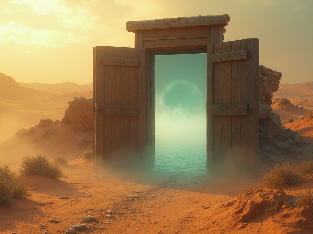 Ancient Japanese Door in Desert Mirage