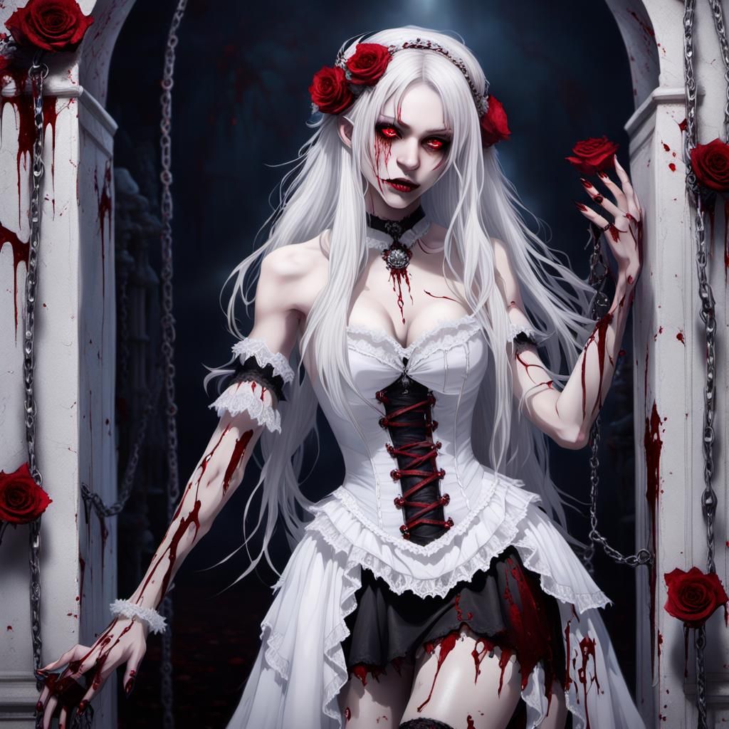 Ethereal Pale Girl in Bloody Maid Outfit, Oil Painting