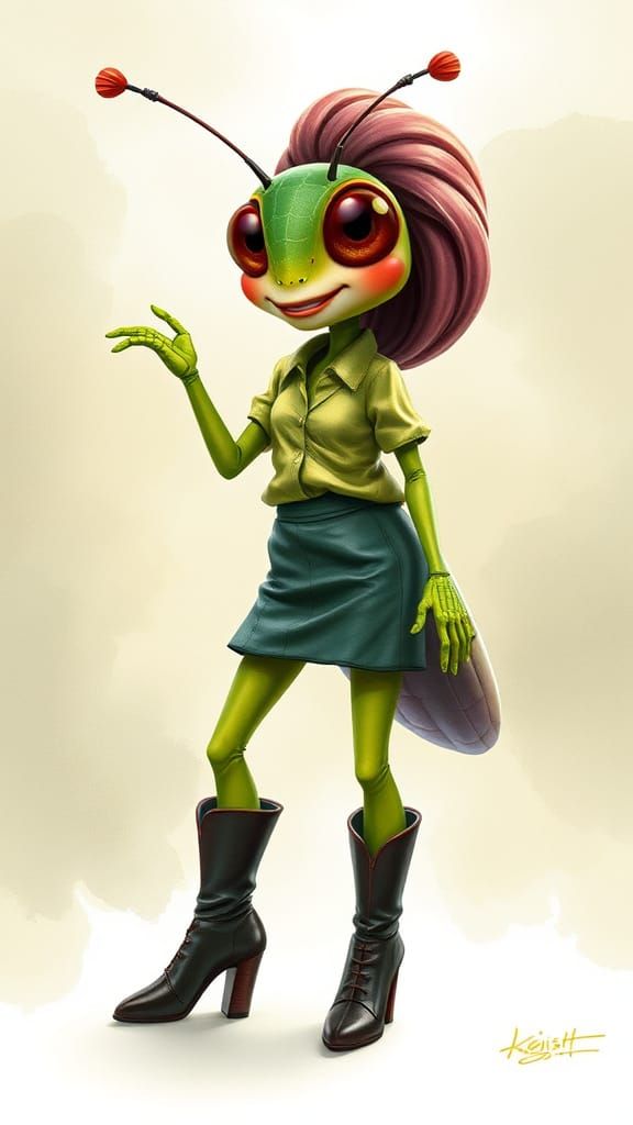 Anthropomorphic Grasshopper in Vibrant 3D Concept Art