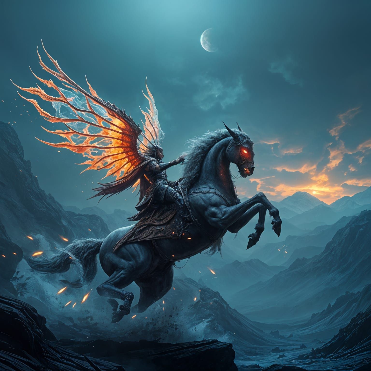 Dead Spirit Riding a Dead Steed in Fantastical, Intricate De...