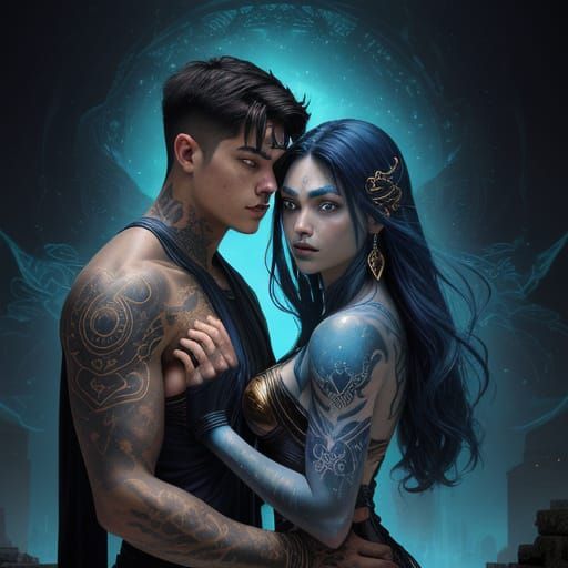 Teen Couple in Ruins With Glowing Tattoos Comic Style