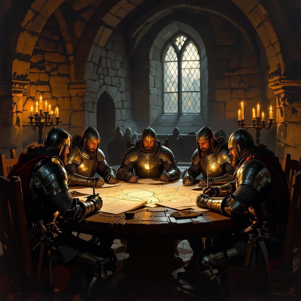 Knights Discussing Strategy in Candlelit Chamber