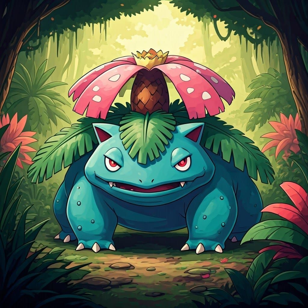 Majestic Venusaur in Lush Jungle, Comic Book Style