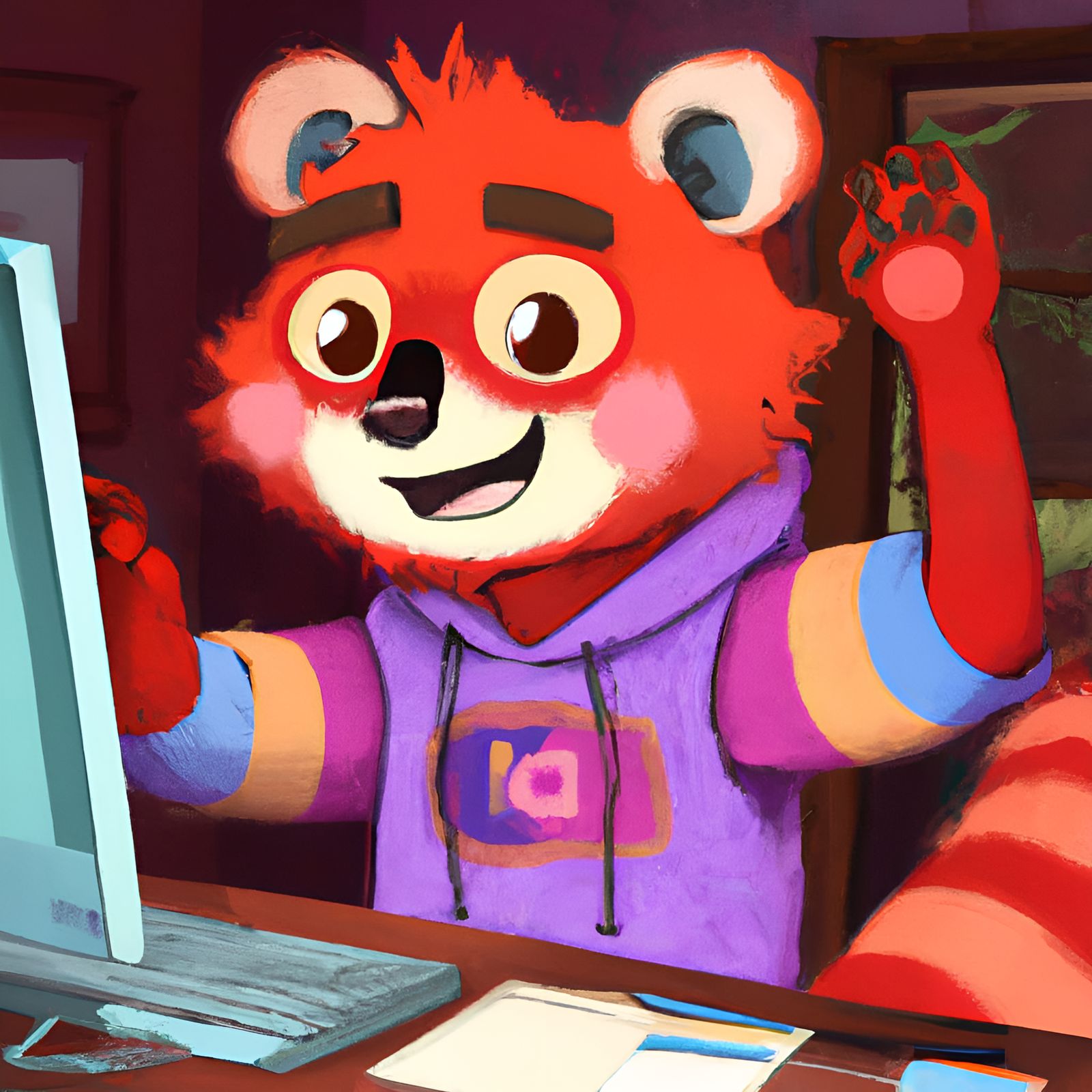 Red Panda Typing: Cartoon Digital Illustration