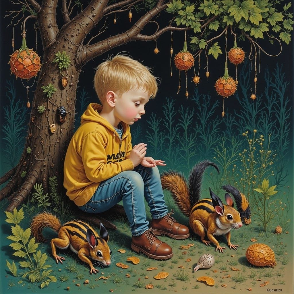 Boy Feeding Squirrels: A Klimt-Inspired Portrait