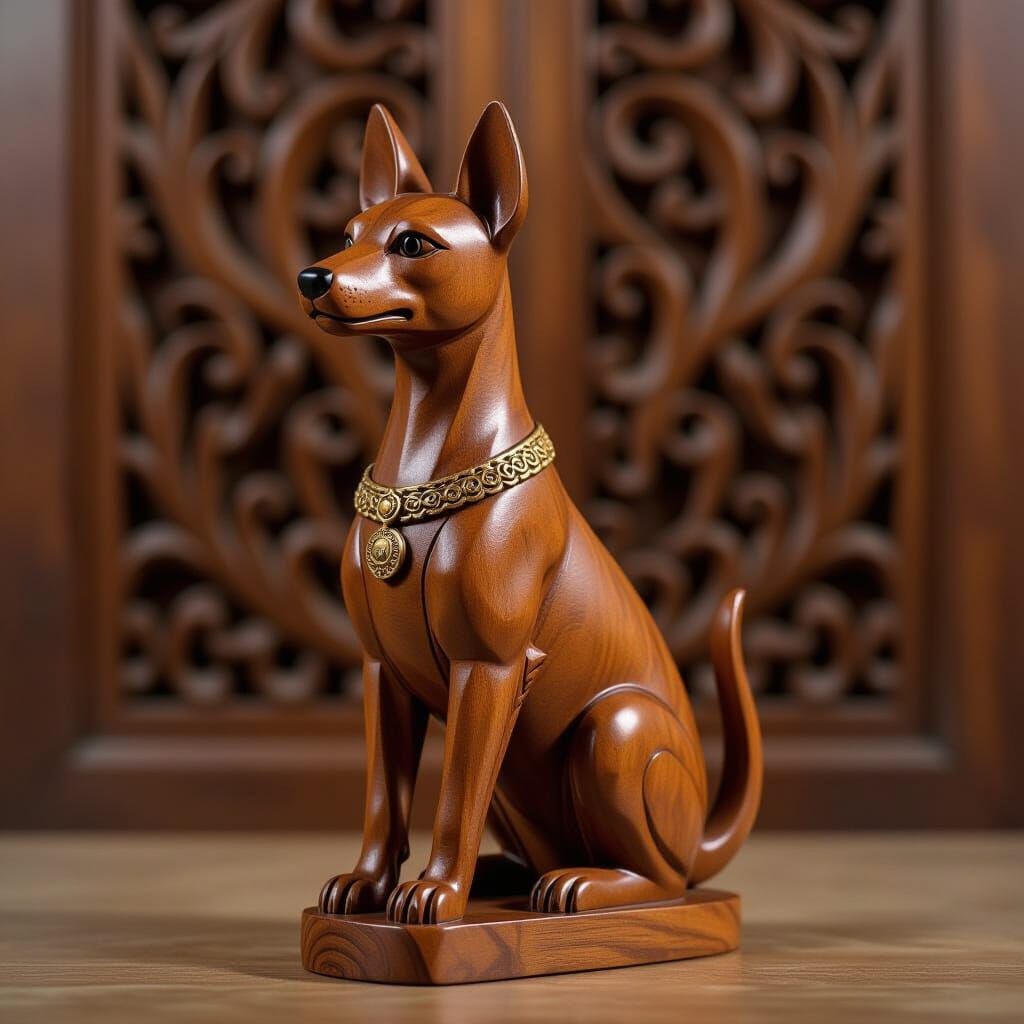Detailed Wood Carving of a Thai Ridgeback Dog