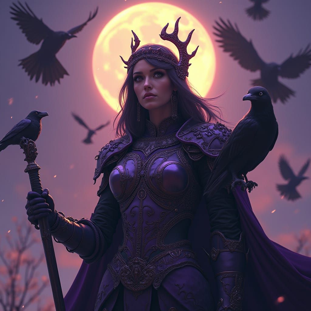 Warrior Queen with Crows Under Moonlight, Fantasy Art