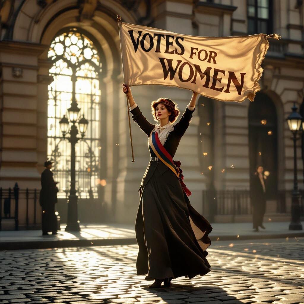 Suffragette Holds Banner Before Vintage City Hall