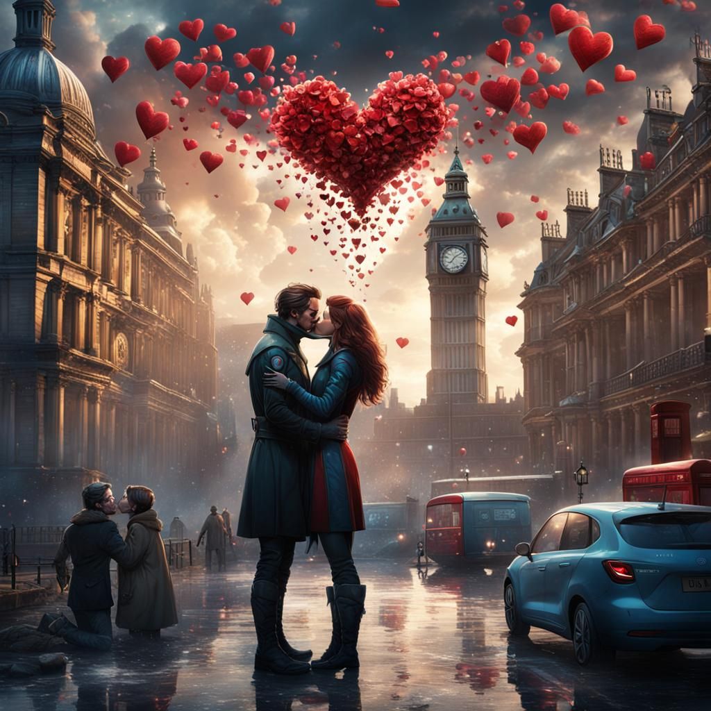 Rogue and Iceman Kissing in London, Fantasy Art